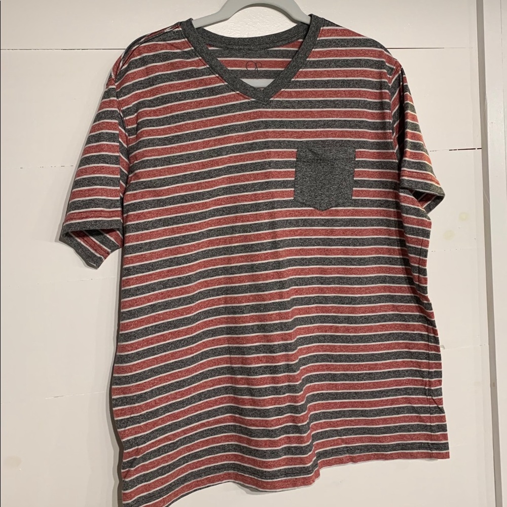 OP V Neck Pocket Tee, Gray/Red Stripes